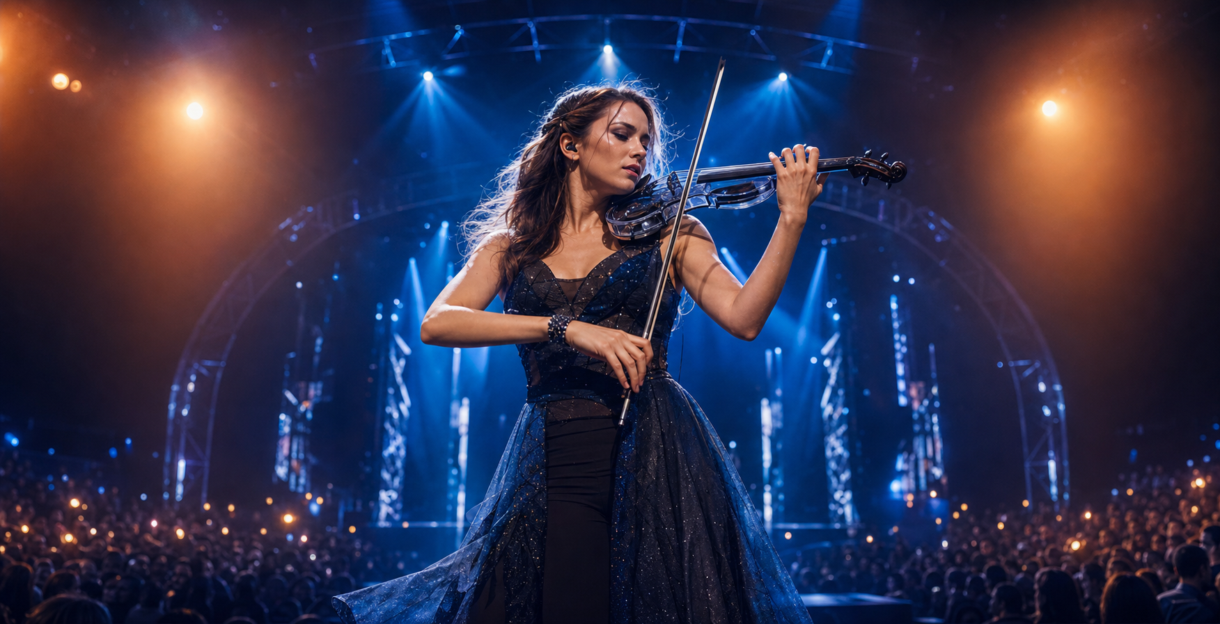 Dynamic female electric violin soloist performing on a large theatrical stage under blue and amber touring lights