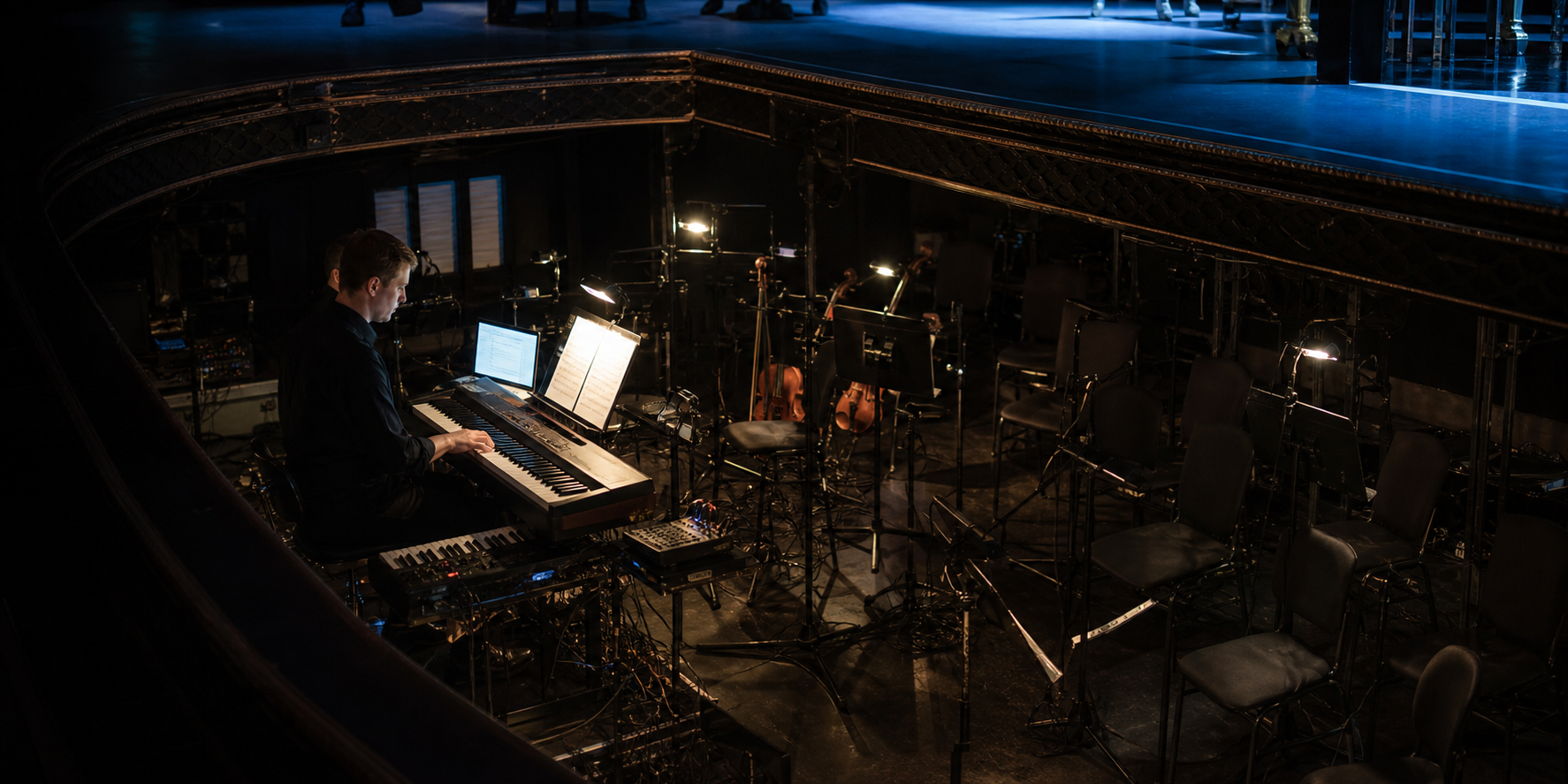 Professional theatre pit with one keyboardist working beside many empty string chairs under dim stand lights