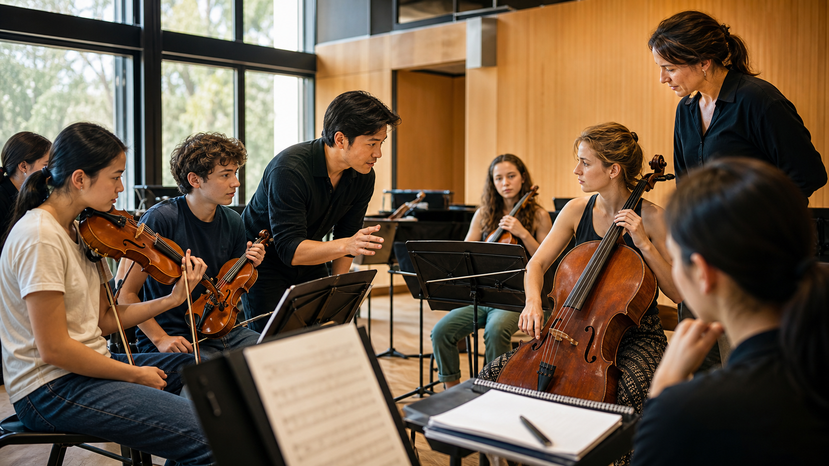 Young string players and mentors coaching together in a bright summer festival rehearsal studio
