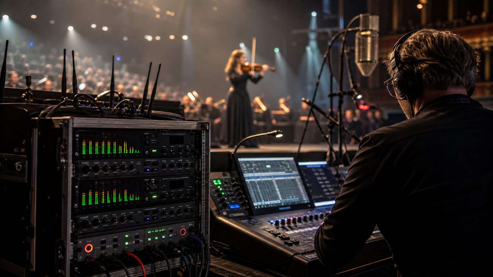 Side-stage live audio rack and engineer with violin soloist performing in the background