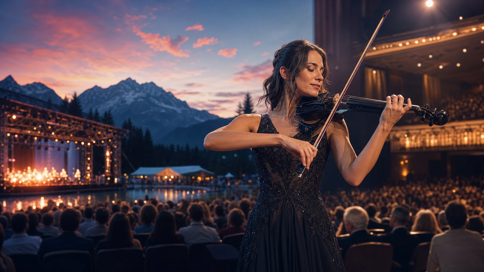 Редакционно изображение на electric violin изпълнителка между алпийска фестивална сцена и голяма лятна концертна публика