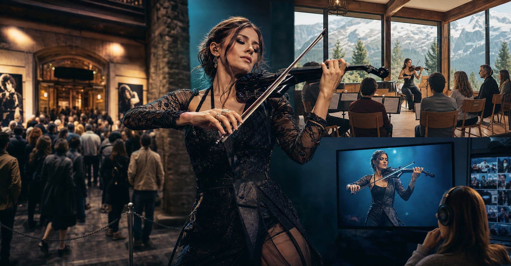 Editorial image of an electric violin performer framed between a sold-out concert entrance, an alpine masterclass room, and a livestream concert screen