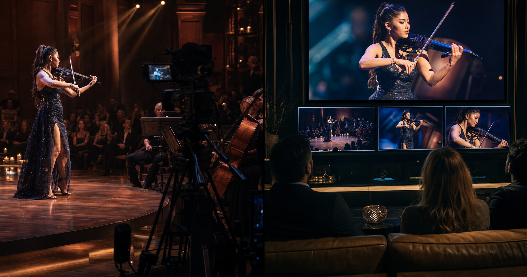 Editorial image of an electric violin performer on stage with concert cameras and a large remote audience watching on screens