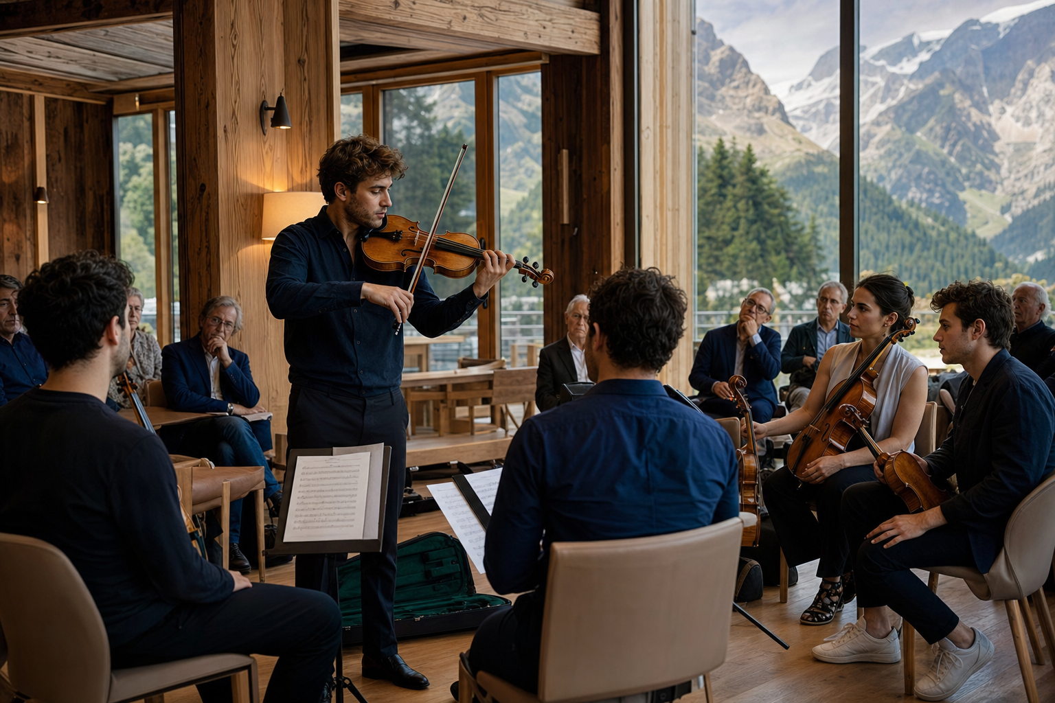 Editorial image of a violin mentor coaching young players in a bright alpine masterclass room with open cases and attentive listeners