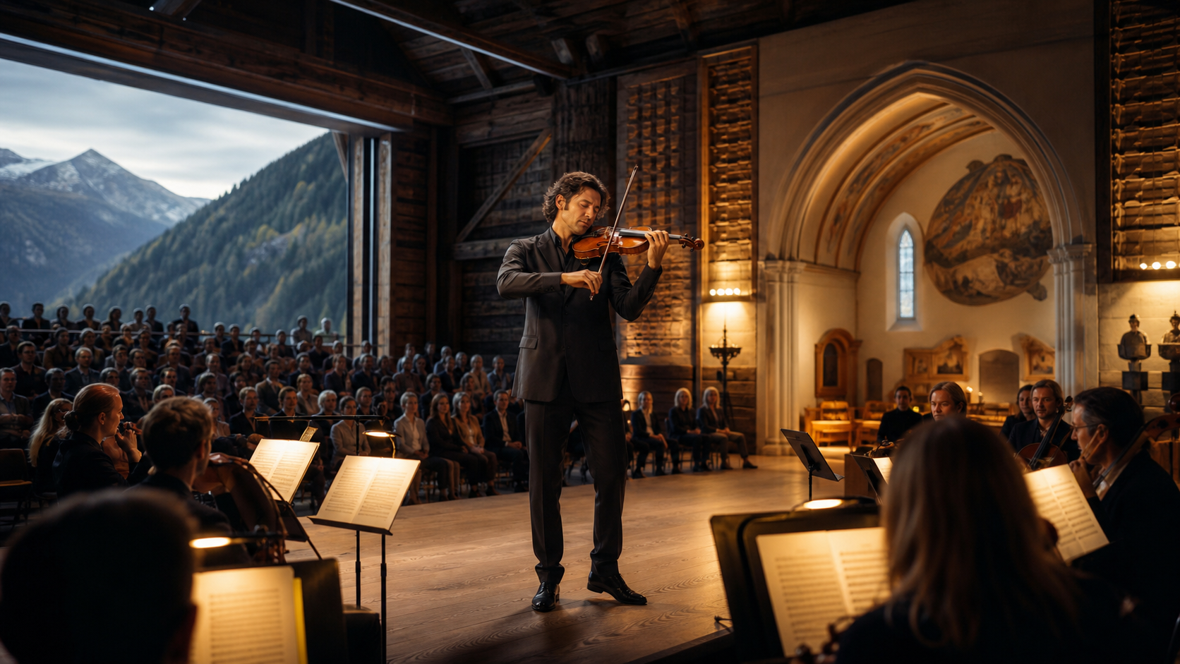 Редакционно изображение на star violin солист между планинска фестивална сцена и интимна камерна зала