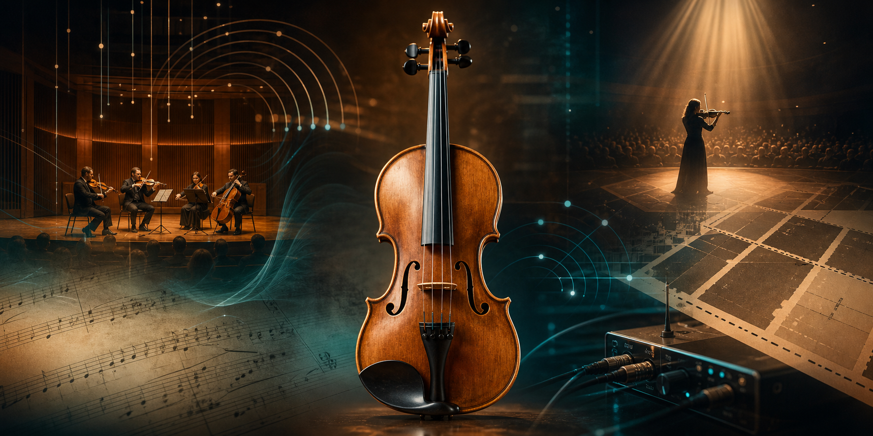 Editorial image of a violin linking chamber music, a public stage, tickets, and live audio technology