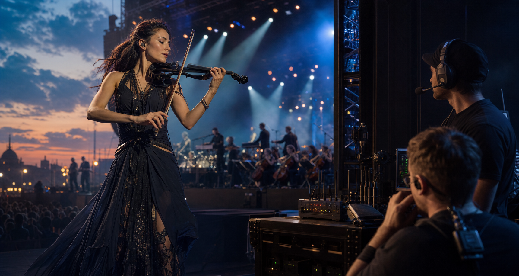 Editorial image of a crossover violin performance on an outdoor stage with backstage live-audio communication gear