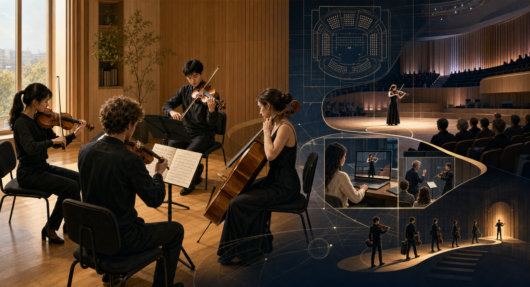 Editorial image of chamber players, a competition hall, and a viewer watching a violin performance online