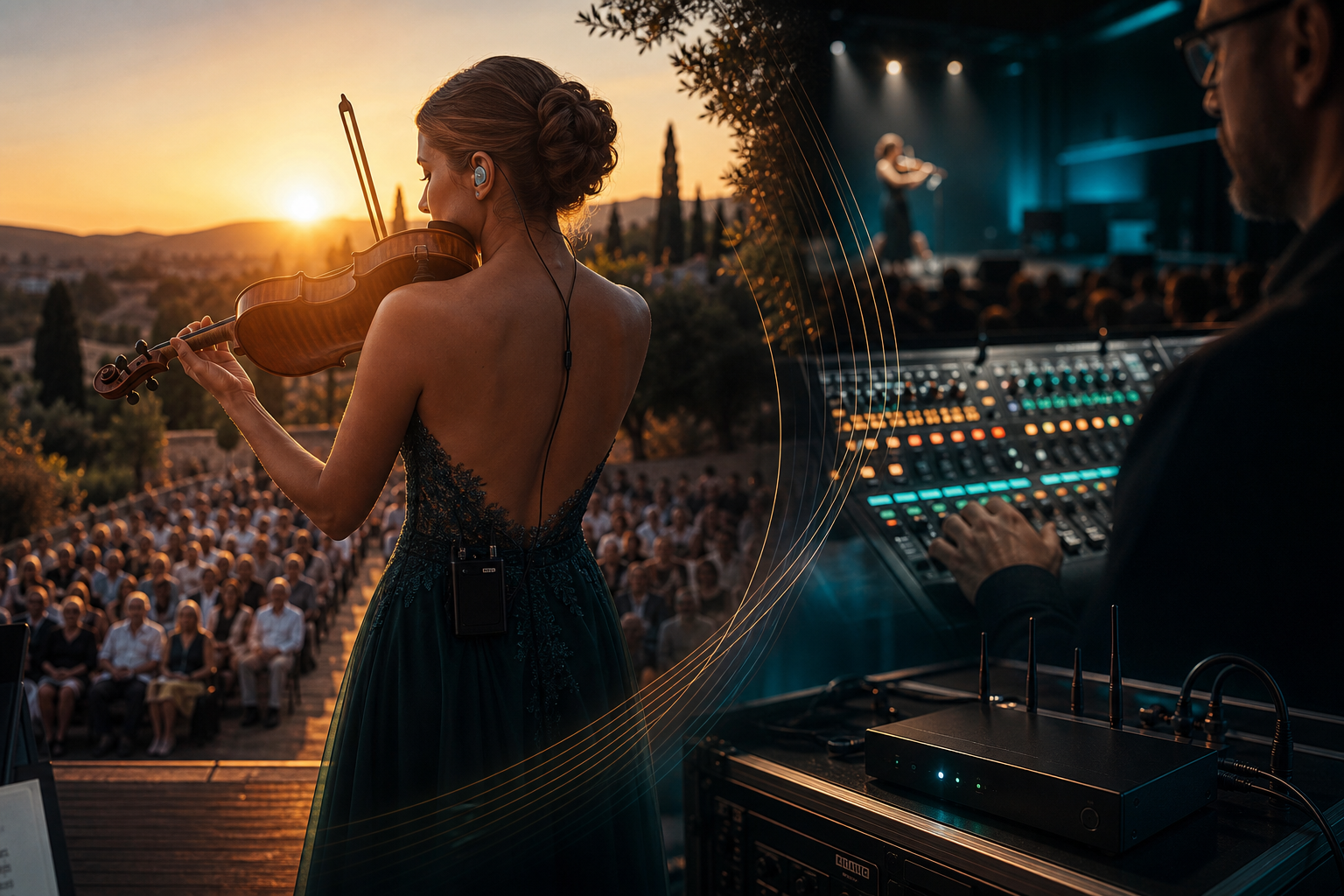 Редакционна илюстрация, която показва sunset violin концерт, свързан с wireless monitoring и front-of-house сценичен контрол.