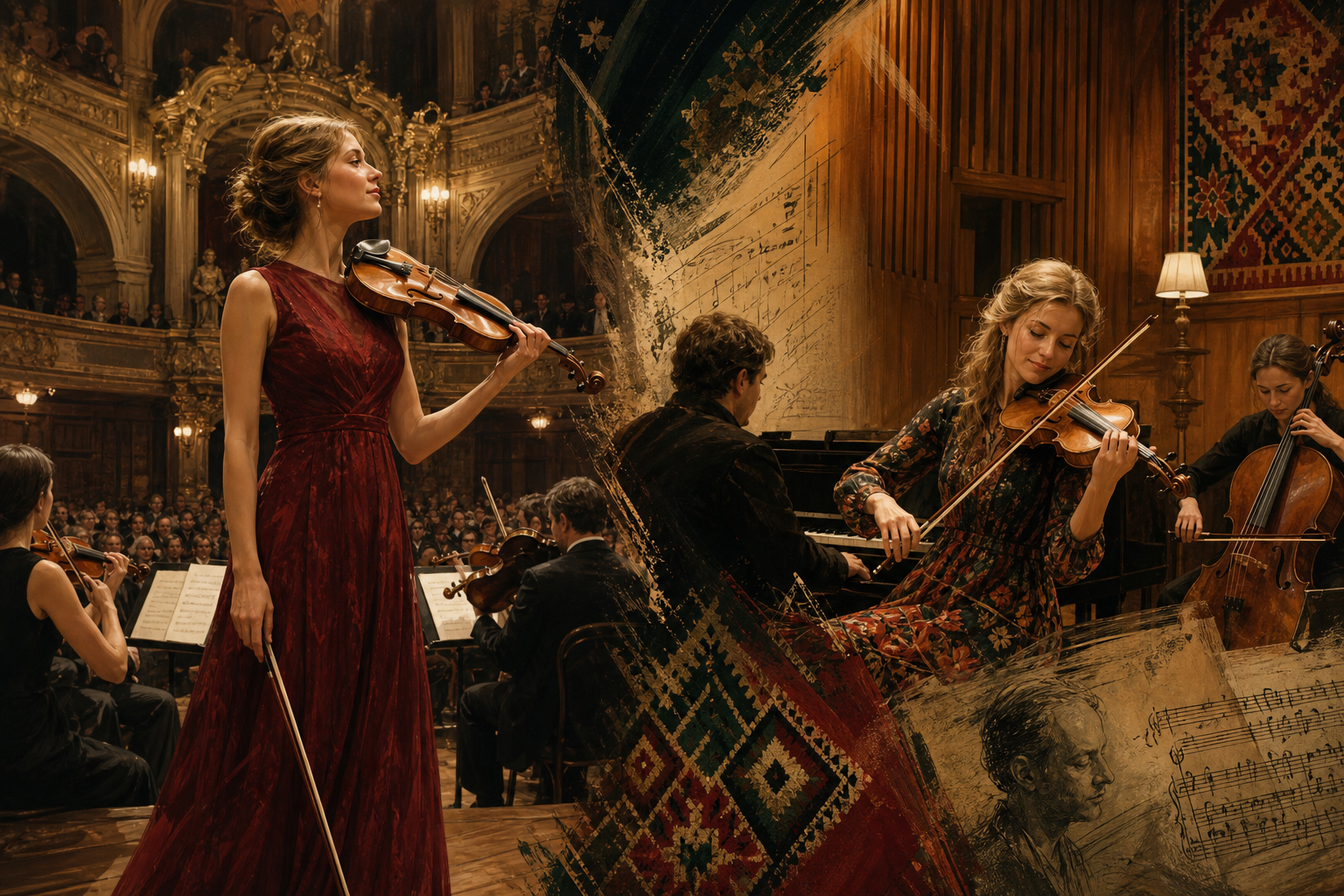 Редакционно изображение, което комбинира голяма violin competition сцена с интимна Bartok и folk chamber зала.