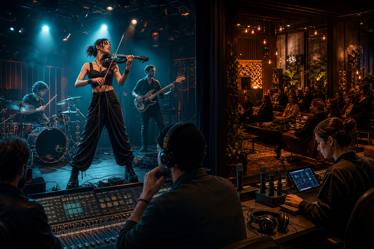 Редакционно изображение, което показва electric violin album-release сцена до premium listening room и wireless audio workflow.