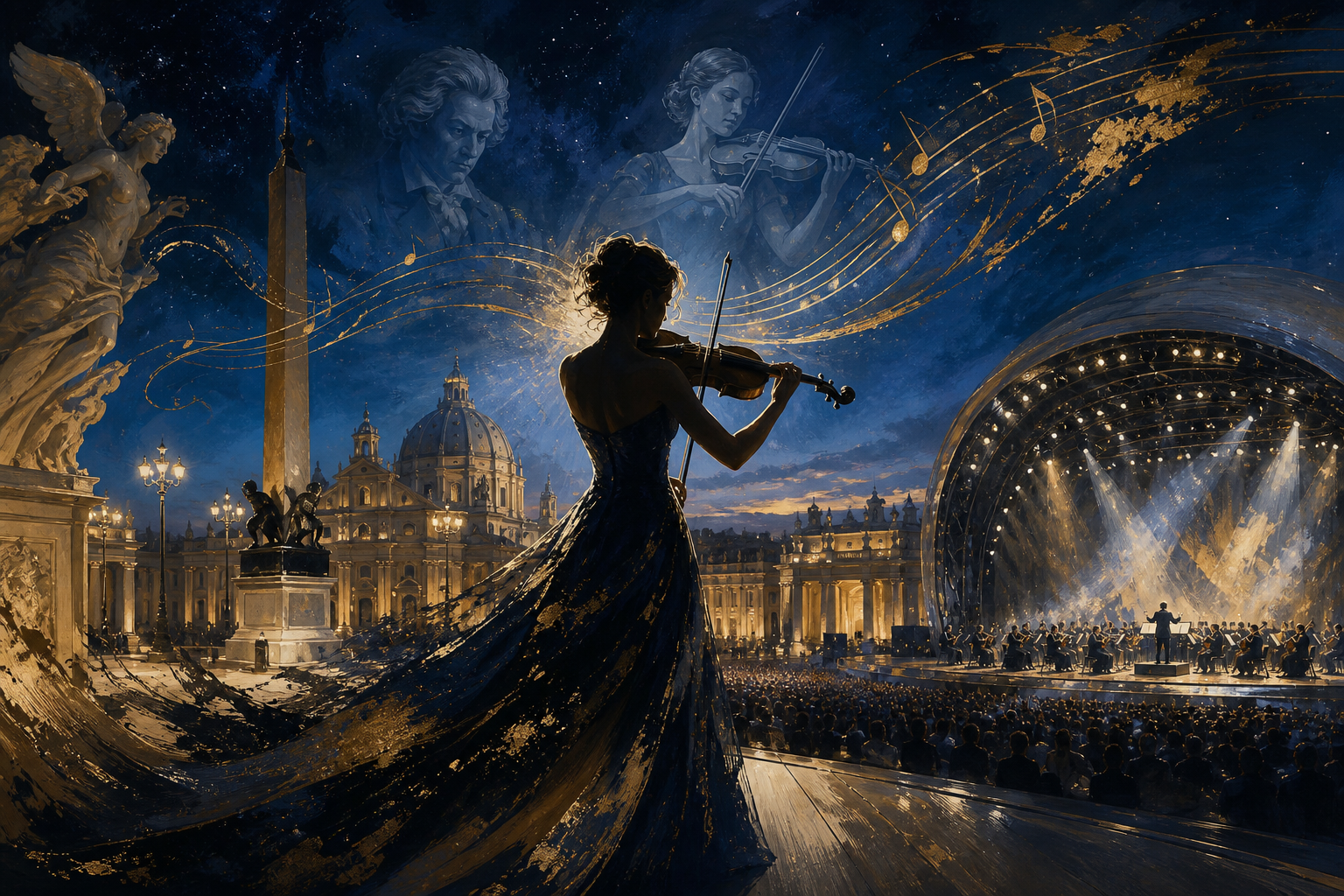 Editorial illustration of an outdoor crossover violin concert with a European square, stage lights, and orchestral spectacle.