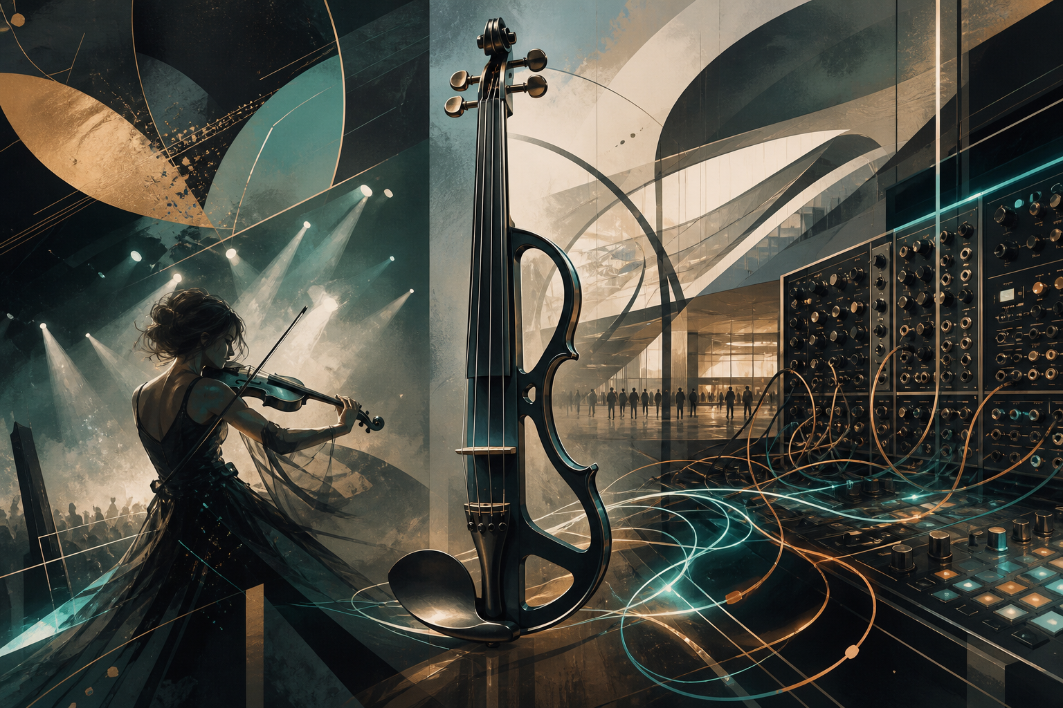 Editorial illustration with an electric violin, modular music technology, glowing stage cables, and a modern exhibition hall.