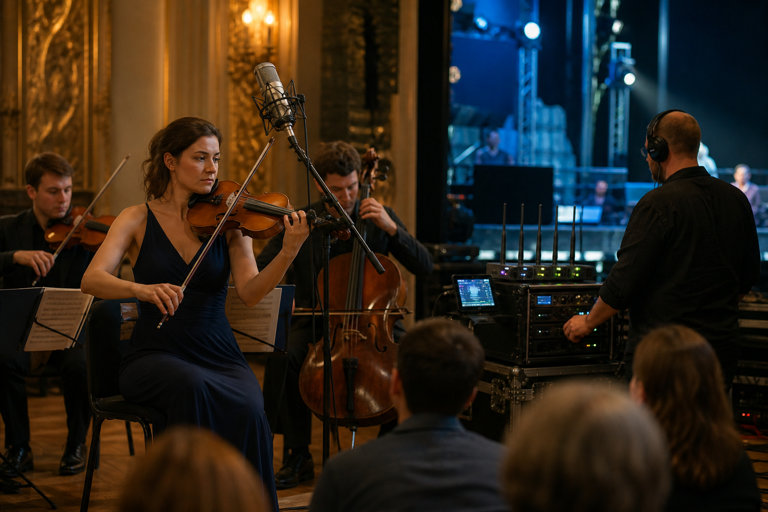 Editorial image of a chamber violin performance being captured with a large microphone while an engineer monitors wireless equipment nearby.