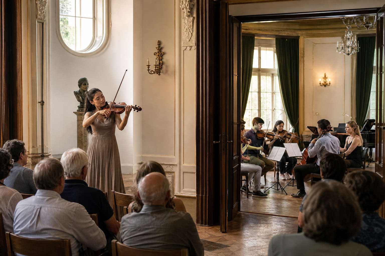 Editorial image of a violinist performing for a seated daytime audience while a chamber ensemble rehearses in an adjoining room.