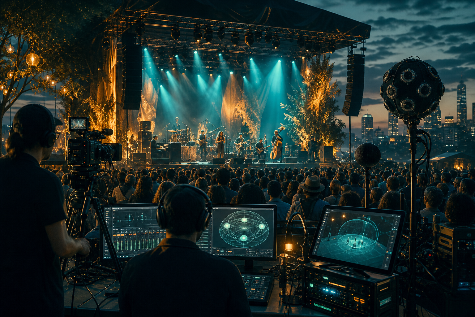 Editorial image of a festival stage being filmed for remote broadcast with spatial microphones, wireless control screens, and a large crowd at dusk.