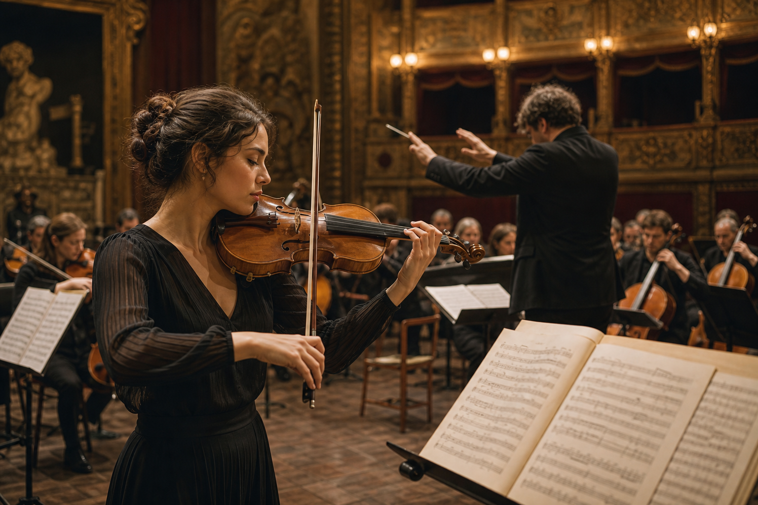 Editorial image of a violinist rehearsing with a conductor and orchestra in a historic European theater under warm gold light.