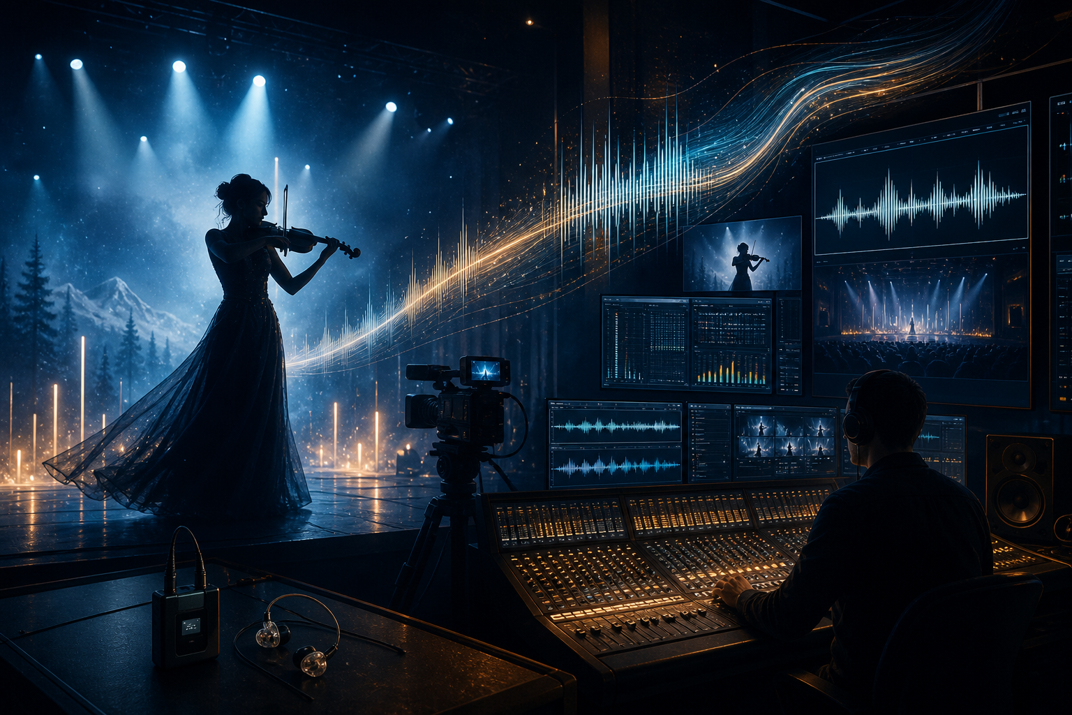 Editorial illustration of a violin performer in silhouette beside cameras, waveform screens, and a live audio control desk under blue and amber stage light.