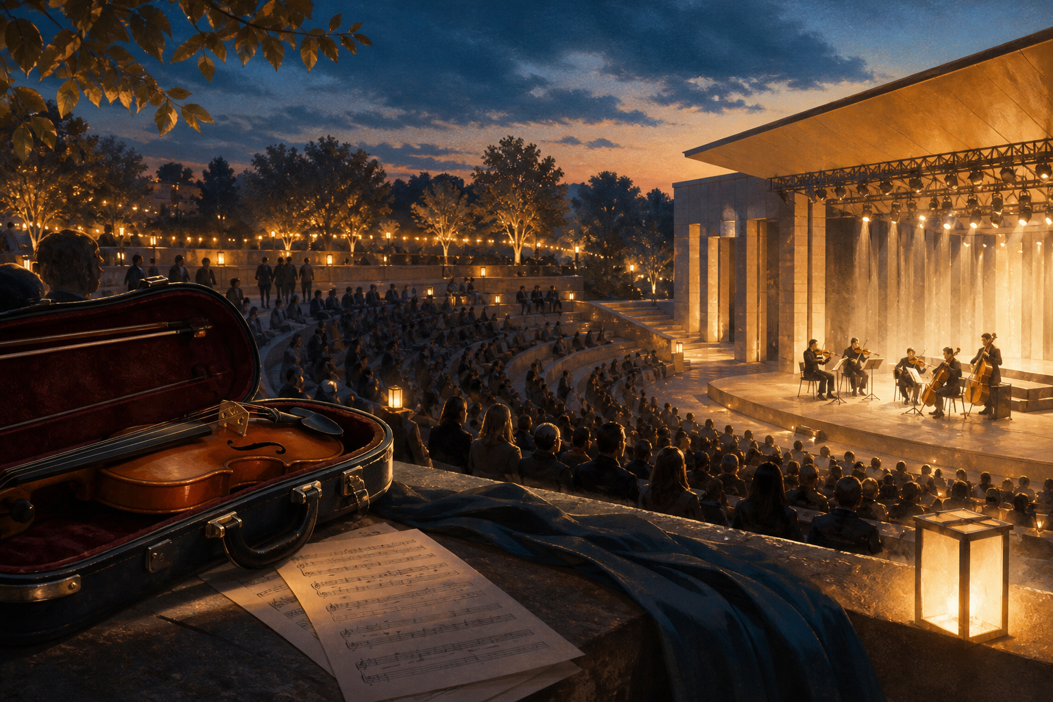 Editorial illustration of a violin case, sheet music, and a twilight amphitheater audience gathering around a warmly lit chamber stage.