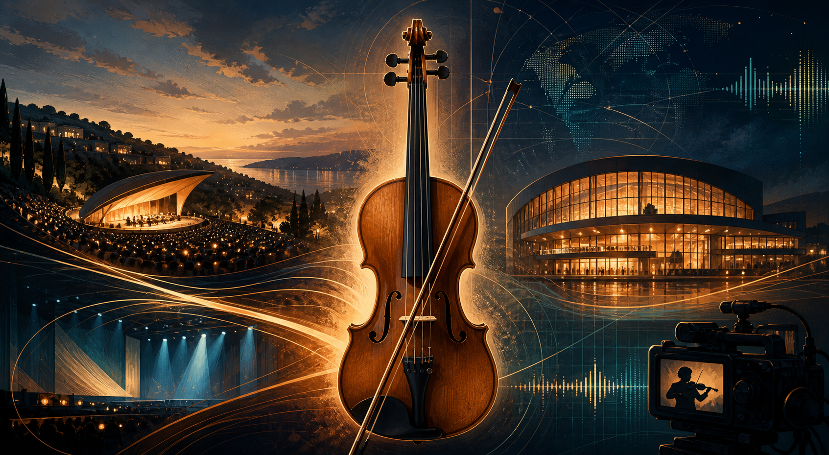 Editorial illustration of a central violin surrounded by an outdoor amphitheater, a glowing modern concert hall, and broadcast audio graphics in amber and deep blue.