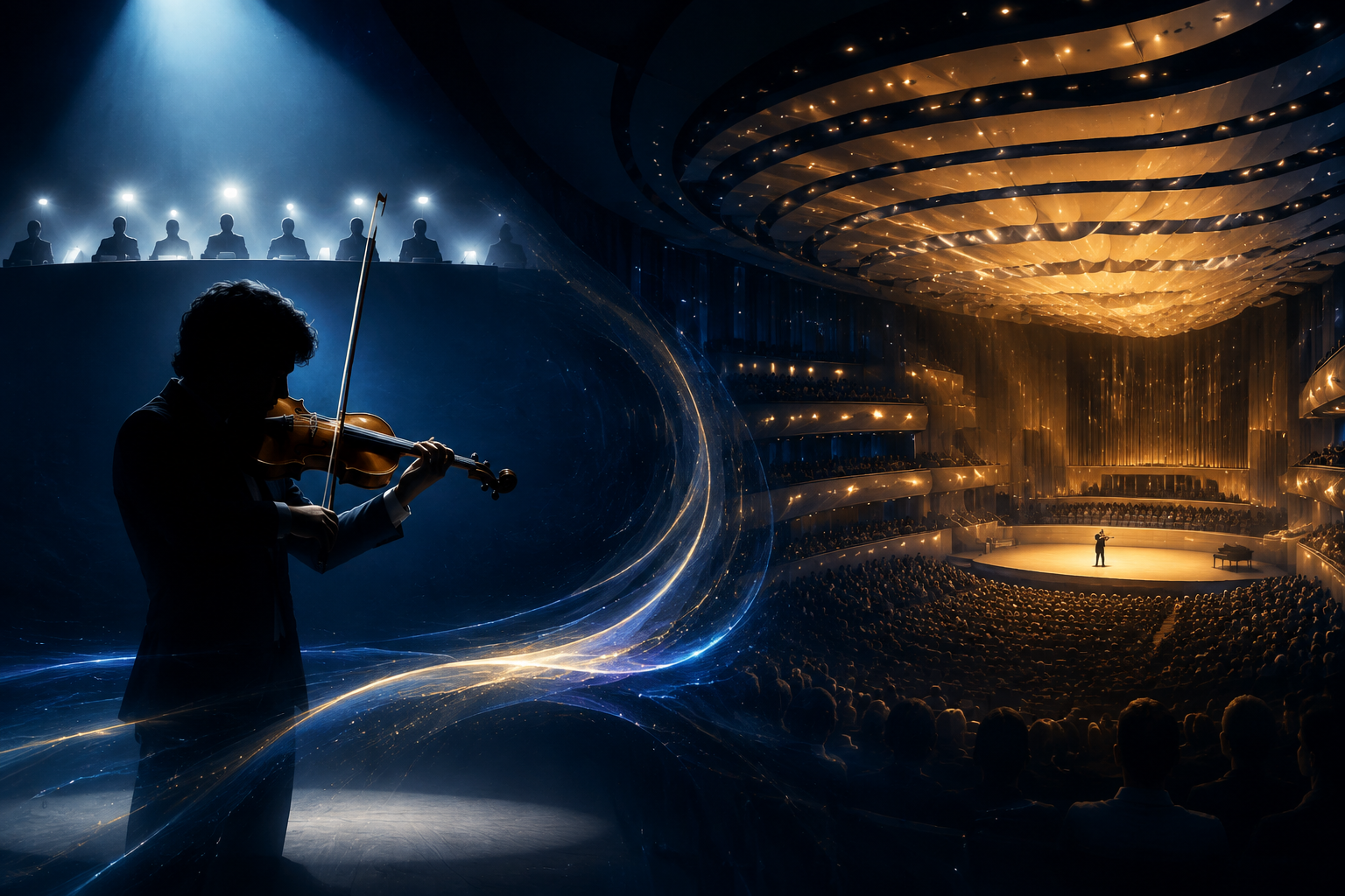 Solo violinist moves visually from a focused competition stage toward a glowing international concert hall.