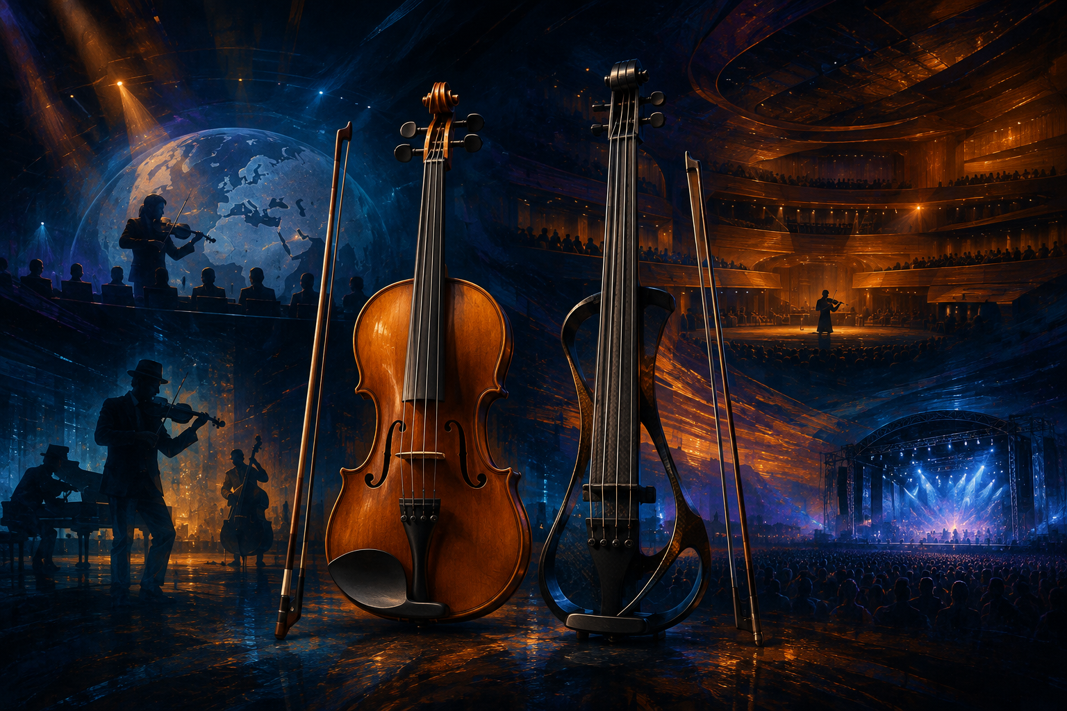 Acoustic and electric violins connect competition, jazz club, recital hall, and festival stages.