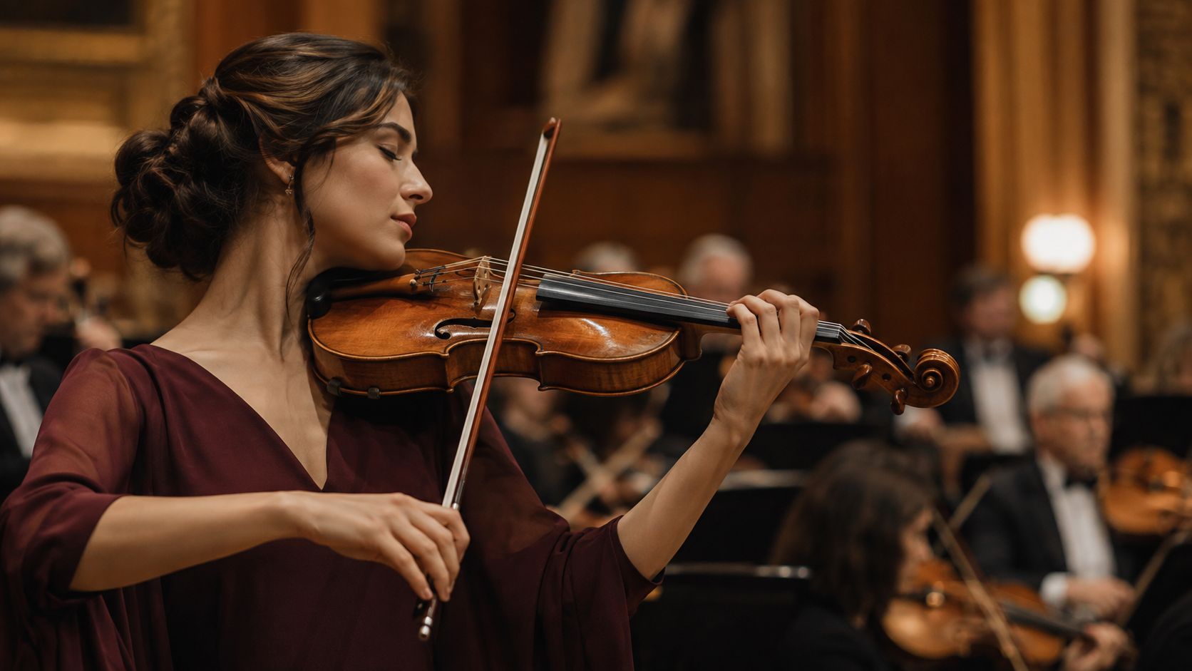 Concert violinist performs with an orchestra under warm season-opening stage lights.