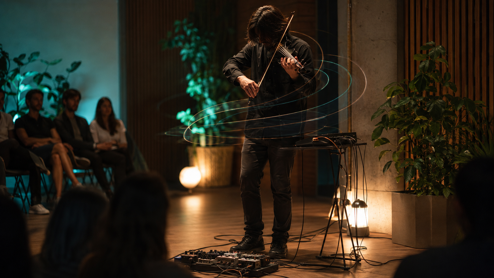 Electric violinist builds live layers with a compact loop station in an intimate performance space.