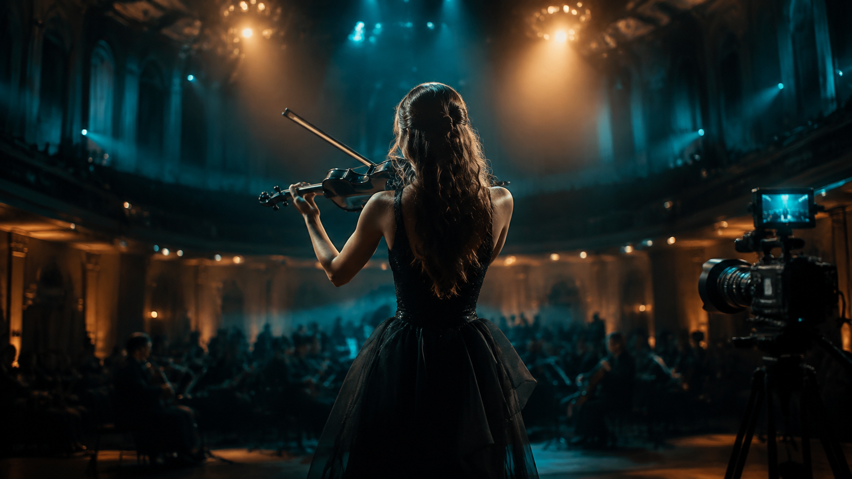 Electric violin performer on a teal and amber concert stage beside a filming camera.