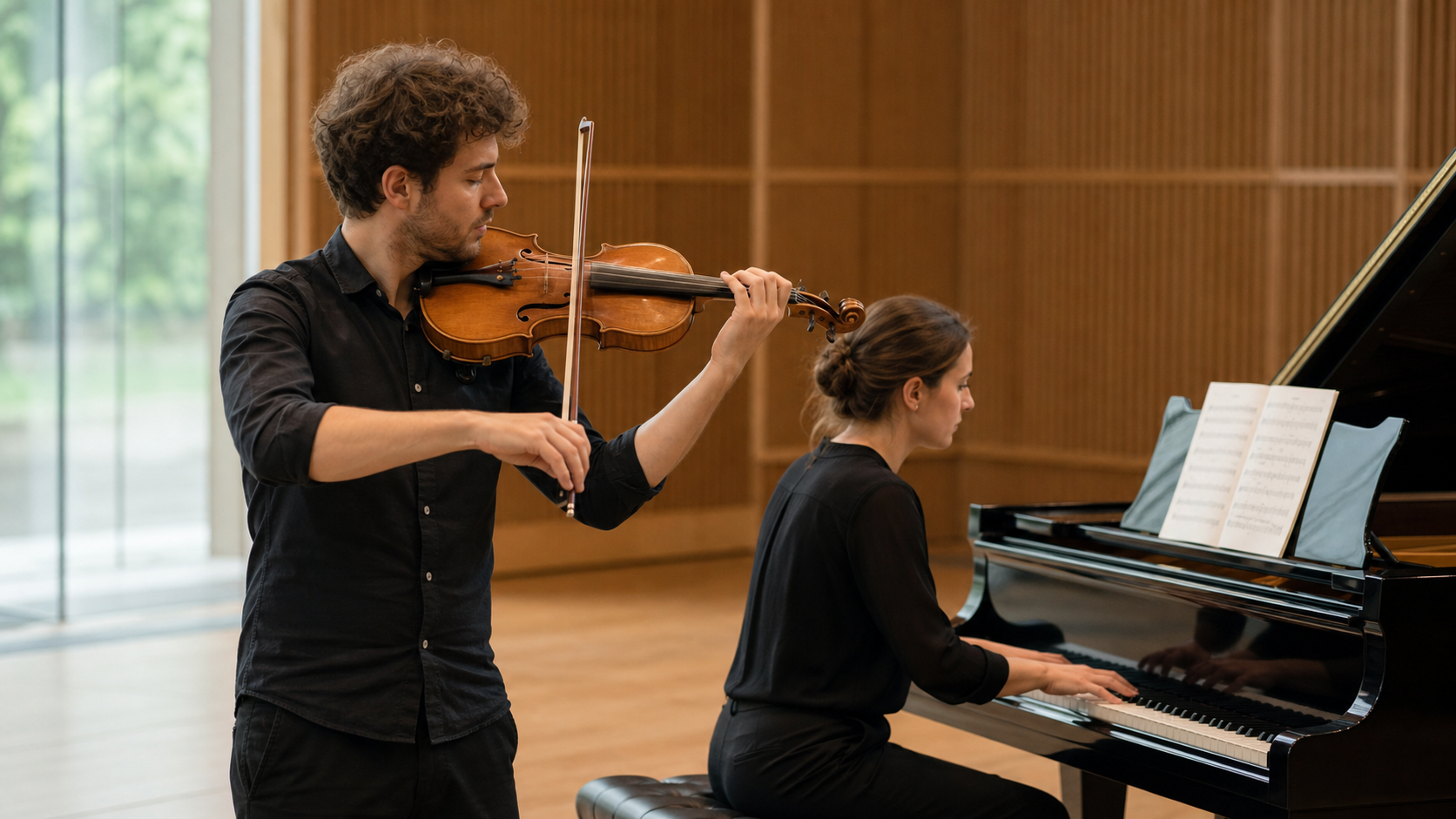 Violinist and pianist rehearse together in a bright modern concert hall.