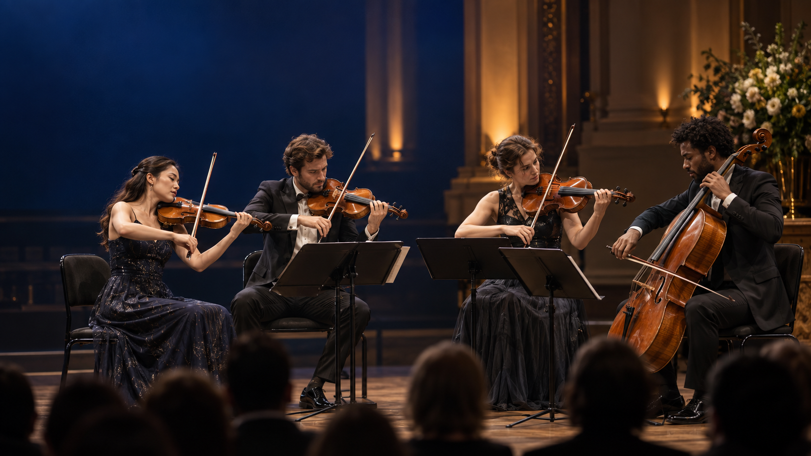 String quartet performing under warm stage lights in a formal concert hall.