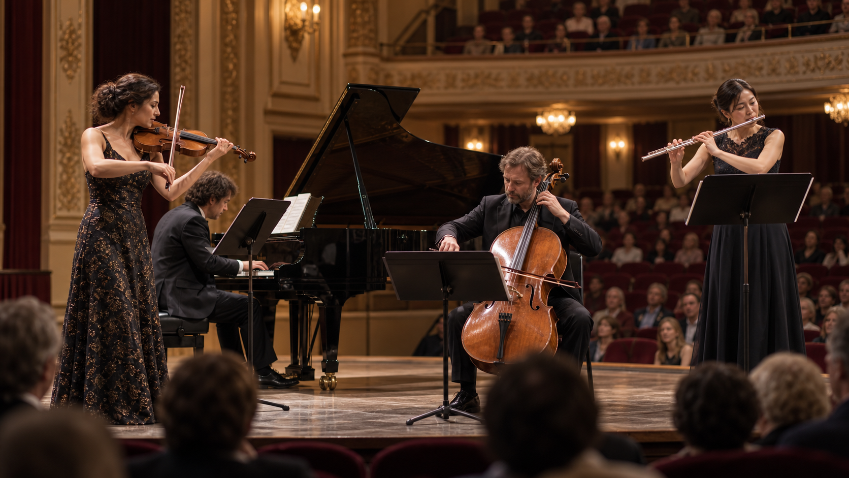 Violin, flute, cello and piano ensemble performing in a historic theater.