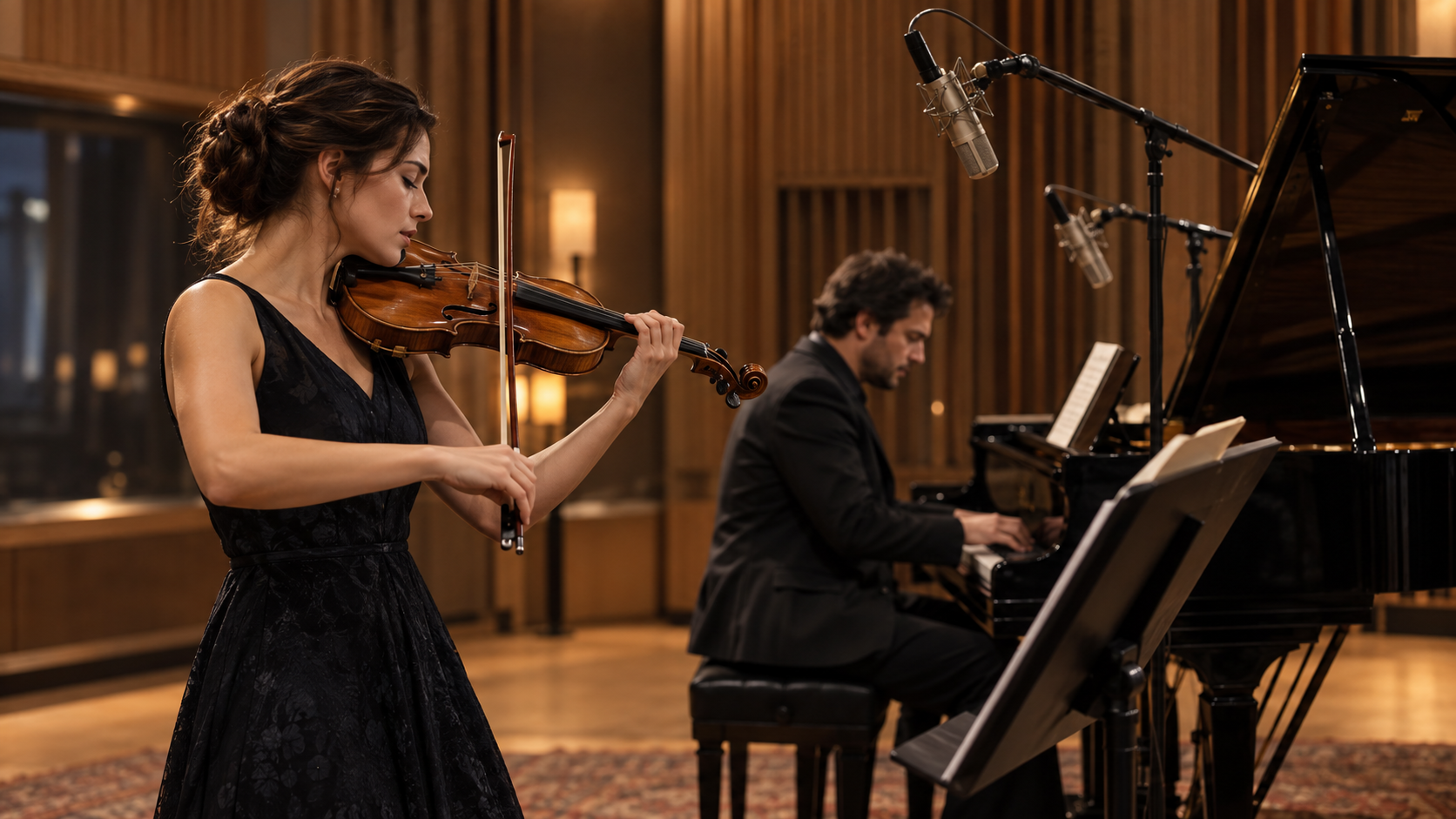 Violinist and pianist recording together in a warm wood studio.