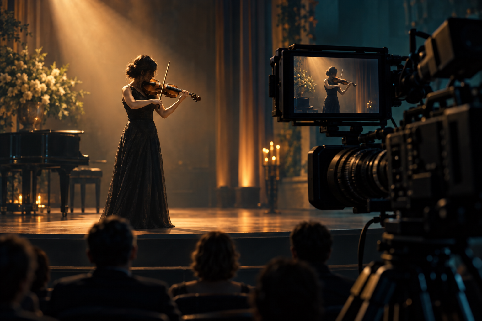 Professional video camera recording an anonymous violin performer on a warmly lit concert stage.