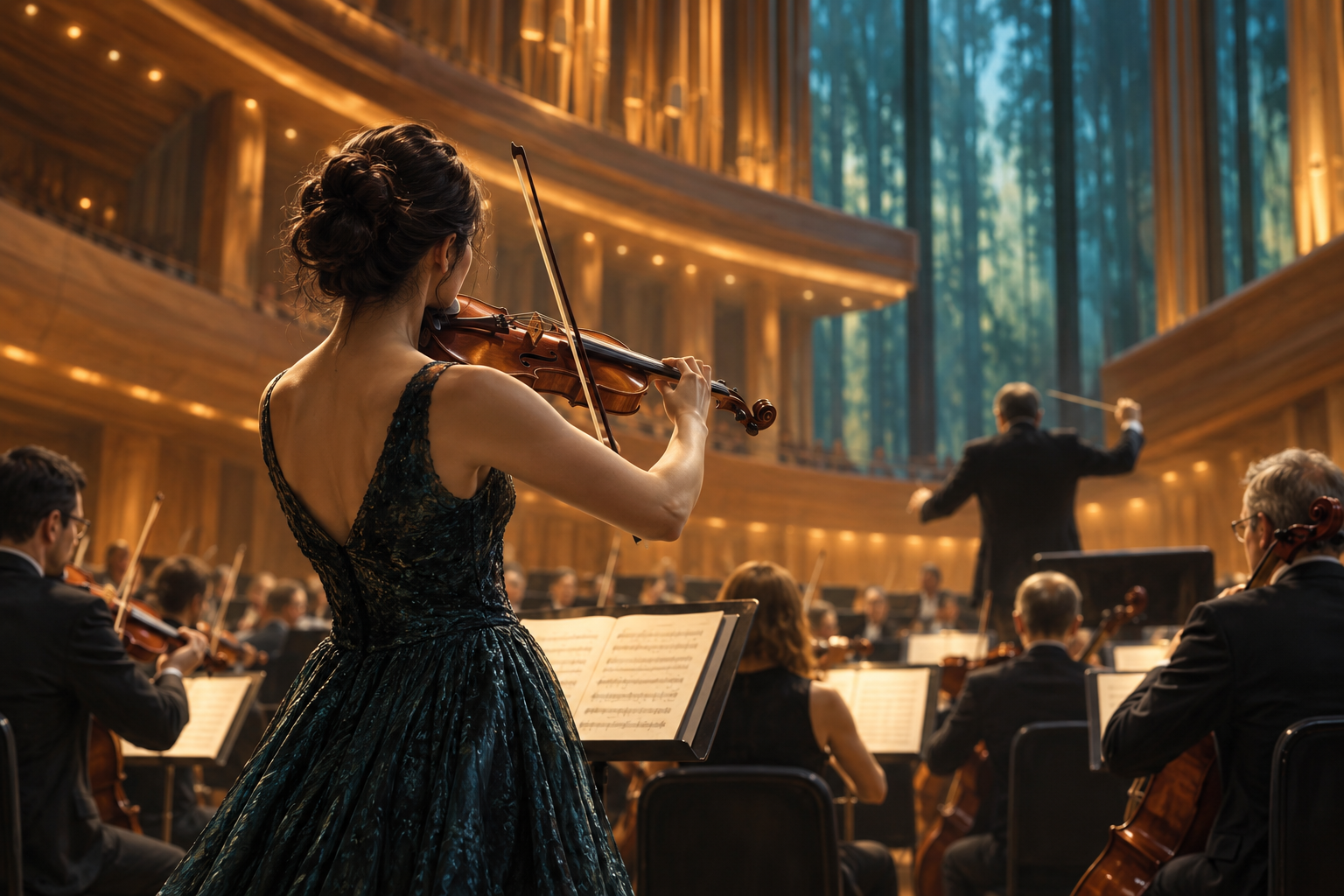 Anonymous violin soloist performing with an orchestra in a warmly illuminated modern concert hall.