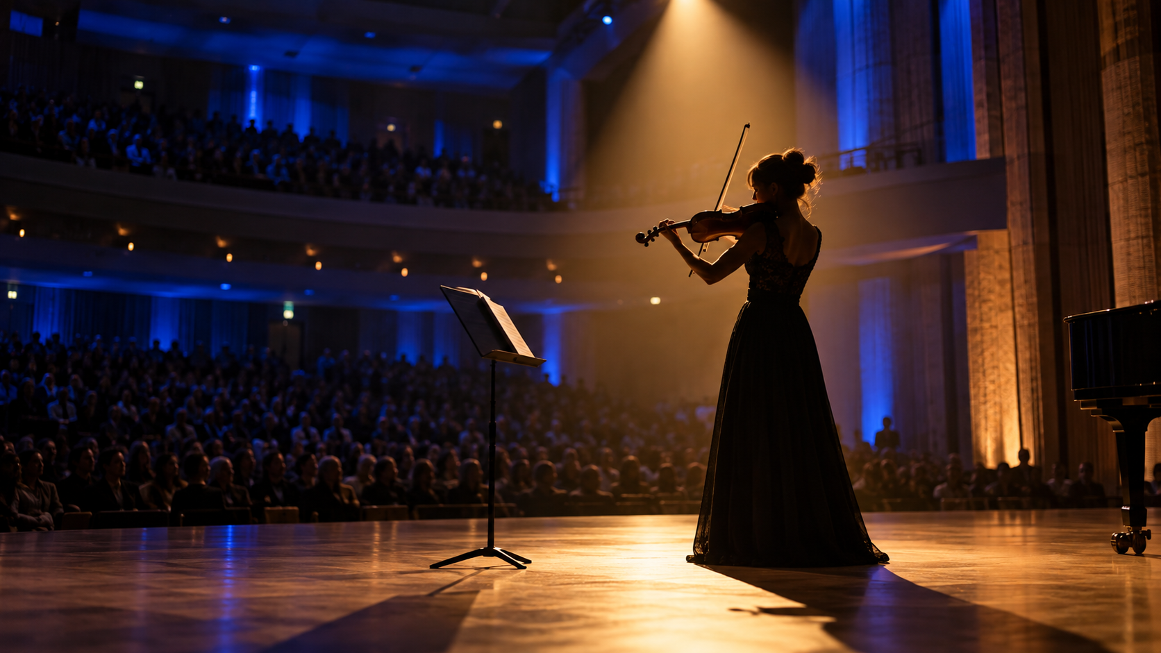 Solo violinist performing under amber light before a blue-lit concert-hall audience