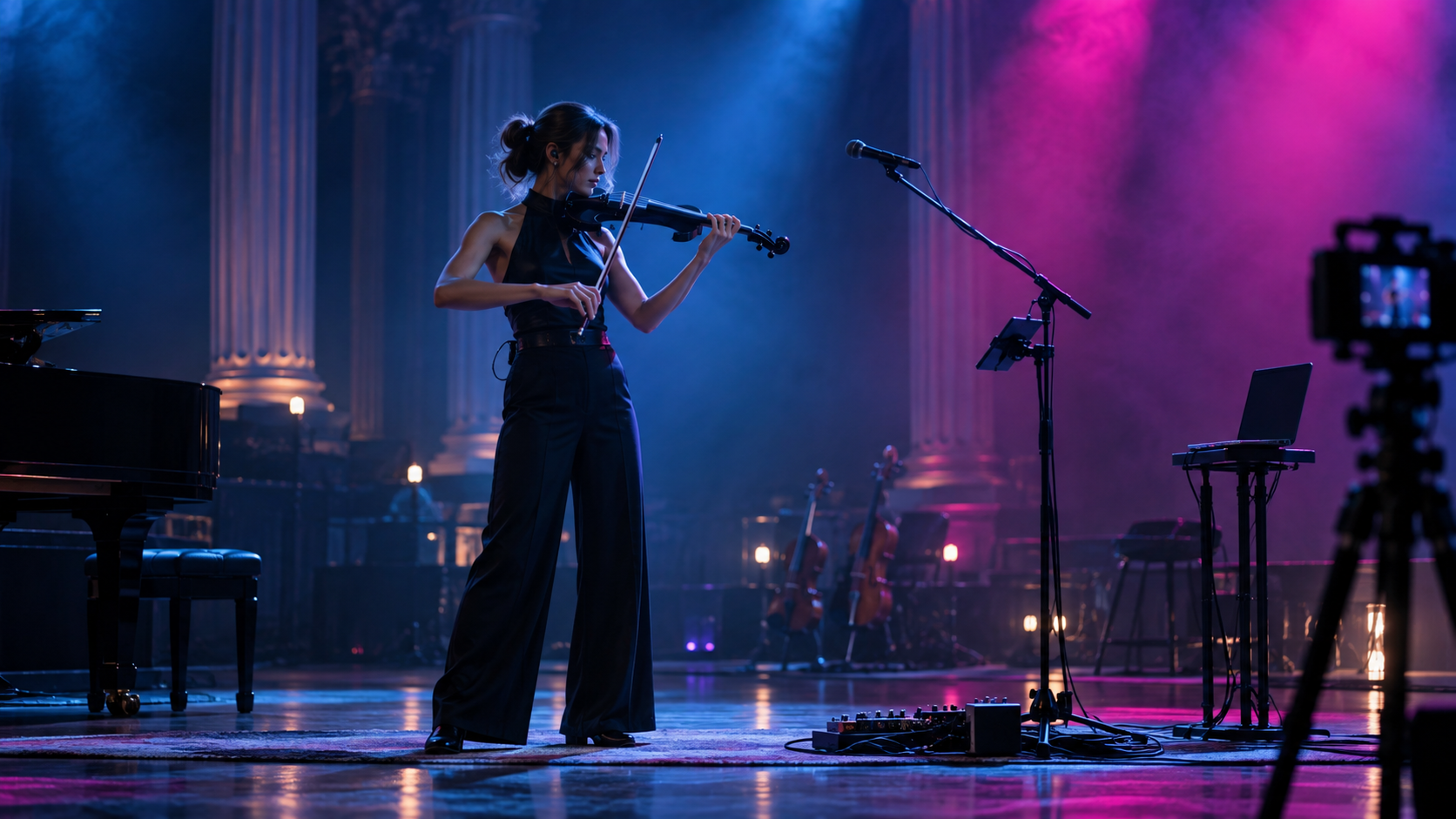 Electric violin performer on a blue and magenta stage with a compact pedalboard and recording camera